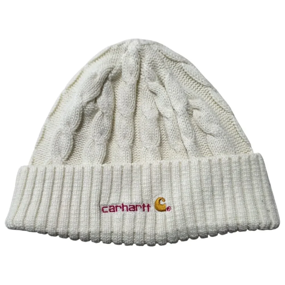 Carhartt Kids Cable Knit Beanie Hat Ivory Cream Cuffed Embroidered Logo Youth
